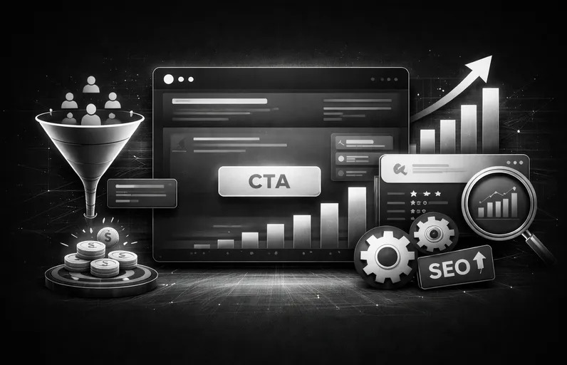 Ilustração de landing page com CTA, funil de conversão e SEO